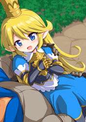  :d armor blonde_hair blue_dress blue_eyes blush breastplate carrying charlotta_(granblue_fantasy) commentary_request crown dress female gauntlets gran_(granblue_fantasy) granblue_fantasy long_hair marugoshi_(54burger) open_mouth photoshop_(medium) pointy_ears princess_carry smile tall_crown very_long_hair 