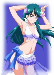  bikini bikini_skirt blue_eyes blue_hair bracelet braid commentary_request cosplay earrings female flower go!_princess_precure guchiaki hair_flower hair_ornament halterneck jewelry kaidou_minami long_hair love_live! love_live!_school_idol_project natsuiro_egao_de_1_2_jump! navel necklace precure shiny_skin sonoda_umi sonoda_umi_(cosplay) swimsuit 