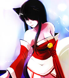  ahri_(league_of_legends) animal_ears bare_shoulders black_hair breasts cleavage closed_eyes commentary_request crop_top detached_sleeves female korean_clothes league_of_legends medium_breasts midriff mizoreame solo 