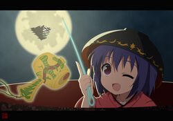  ;d anime_coloring bowl castle commentary_request female full_moon highres holding holding_needle letterboxed light_purple_hair mallet mini_person minigirl miracle_mallet moon needle night one_eye_closed open_mouth oversized_object parody photoshop_(medium) purple_eyes shining_needle_castle short_hair smile sukuna_shinmyoumaru touhou upside-down woofey yuru_yuri yuru_yuri&#039;s_starting 