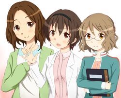  3girls amagata_miho amakata_miho brown_eyes brown_hair character_request crossover free! glasses inamori_(azcat) karasuma_sakura kin-iro_mosaic looking_at_viewer multiple_girls open_mouth shimokamiyama_mutsuko tamayura 