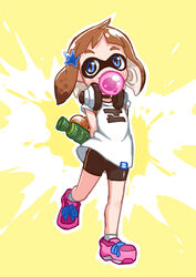  alternate_hair_length alternate_hairstyle arms_behind_back bike_shorts blowing_bubbles blue_eyes blush brown_hair chewing_gum choker commentary_request female flat_chest full_body hair_ornament headphones headphones_around_neck ink_tank_(splatoon) inkling inkling_girl inkling_player_character shirt shoes short_hair sidelocks sneakers solo splatoon_(series) splatoon_1 splattershot_(splatoon) star_(symbol) star_hair_ornament super_soaker t-shirt tentacle_hair waha_(artist) walking 