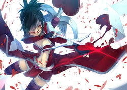  arm_mounted_weapon black_hair bow_(weapon) breasts cleavage commentary_request female fingerless_gloves fred04142 glasses gloves hair_over_one_eye heart heartseeker_vayne league_of_legends medium_breasts midriff navel photoshop_(medium) ponytail red_eyes socks solo striped_clothes striped_thighhighs thighhighs vayne_(league_of_legends) weapon 