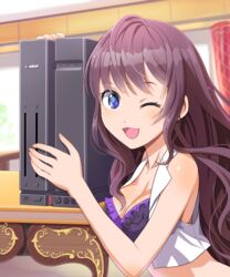  ;d ahoge bad_id bad_pixiv_id black_bra blue_eyes bra breasts brown_hair cleavage collarbone female floating_hair frilled_bra frills ichinose_shiki idolmaster idolmaster_cinderella_girls indoors long_hair medium_breasts one_eye_closed open_mouth shiny_skin smile solo underwear upper_body x68000 yama_tatsuo 