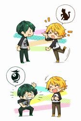  &gt;:) &gt;_&lt; 2boys amaki_ikuma blonde_hair blush_stickers chibi commentary_request full_body green_hair grin laughing male_focus miya_(38_okho) multiple_boys pose raglan_sleeves shounen_hollywood smile spoken_sweatdrop squatting sweatdrop tomii_daiki v-shaped_eyebrows 