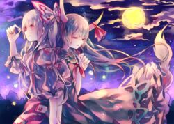  2girls back-to-back black_dress bow candy cha_goma closed_eyes cloud commentary_request dress food fujiwara_no_mokou full_moon grey_hair hair_ribbon hairbow highres holding_hands horn_ornament horn_ribbon horns juliet_sleeves kamishirasawa_keine konpeitou long_hair long_sleeves moon multiple_girls neckerchief night open_mouth pants puffy_short_sleeves puffy_sleeves ribbon shirt short_sleeves sky smile star_(sky) starry_sky suspenders touhou tress_ribbon very_long_hair white_hair yuri 