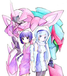  2girls :&lt; aila_jyrkiainen back-to-back bare_shoulders beret bitadoro black_legwear blue_eyes blue_hair blunt_bangs blush bow braid breasts buttons commentary_request cowboy_shot dress elbow_gloves farsia from_side fur_trim gloves glowing glowing_eyes green_eyes gundam gundam_age gundam_build_fighters hairbow hat hayami_saori high_collar highres light_smile long_hair looking_at_viewer mecha multiple_girls no_nose painting_(medium) pantyhose parted_bangs profile purple_eyes purple_skirt qubeley_papillon robot shirt short_dress simple_background single_braid skirt small_breasts smile standing traditional_media very_long_hair voice_actor_connection watercolor_(medium) white_background white_gloves white_hair yurin_leciel 