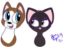  2018 4:3 ambiguous_form blue_eyes canid canine canis domestic_cat domestic_dog duo felid feline felis female green_eyes hasbro jade_catkin littlest_pet_shop littlest_pet_shop:_a_world_of_our_own mammal roxie_mcterrier simple_background smile white_background 