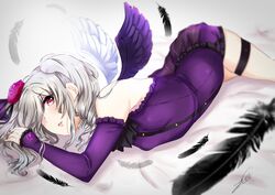  absurdres akano_yomi angel_wings blurry commentary depth_of_field dress drill_hair feathered_wings feathers female grey_hair hair_over_one_eye highres idolmaster idolmaster_cinderella_girls kanzaki_ranko long_hair looking_at_viewer red_eyes rosenburg_engel_(idolmaster) solo twin_drills twintails wings 