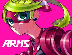  arms_(game) blonde_hair close-up closed_mouth commentary_request copyright_name domino_mask earrings female green_eyes hair_ribbon jewelry mask masshi pink_background protected_link ribbon ribbon_girl_(arms) ribbon_hair serious simple_background 