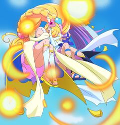  2girls asahina_mirai blonde_hair bridal_gauntlets cloud cure_magical cure_magical_(sapphire_style) cure_miracle cure_miracle_(sapphire_style) haruyama_kazunori hat izayoi_liko long_hair magical_girl mahou_girls_precure! mini_hat mini_witch_hat multiple_girls pink_hat ponytail precure purple_hair sandals sky wide_ponytail witch_hat 