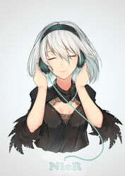  2b_(nier:automata) 7t absurdres adapted_costume black_shirt breasts cable cleavage_cutout closed_mouth clothing_cutout commentary_request copyright_name english_commentary facing_viewer feather-trimmed_sleeves feather_trim female hair_between_eyes hands_on_headphones hands_up happy headphones highres juliet_sleeves listening_to_music long_sleeves mole mole_under_mouth nier:automata nier_(series) no_blindfold pink_lips puffy_sleeves shirt short_hair small_breasts smile solo upper_body variant_set white_hair 