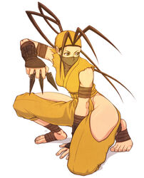  ankle_wrap antenna_hair arm_support bad_id bad_pixiv_id bandages bare_hips bare_shoulders barefoot between_fingers black_hair feet female gauntlets hair_pulled_back hakama hakama_skirt hip_bones hip_vent holding ibuki_(street_fighter) japanese_clothes kimono kunai long_hair mask mouth_mask ninja orange_hakama ponytail r_(waru) skirt sleeveless sleeveless_kimono solo street_fighter toeless_legwear weapon wrist_wrap 