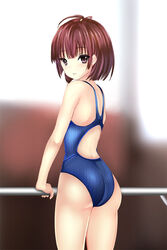  ass backless_swimsuit bad_id bad_pixiv_id barre brown_eyes brown_hair commentary competition_swimsuit female from_behind koutetsujou_no_kabaneri mumei_(kabaneri) one-piece_swimsuit racerback shima-shuu short_hair solo standing swimsuit 