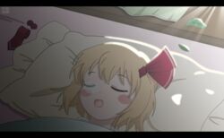  anime_coloring blonde_hair commentary_request female leaf letterboxed light_rays lying nose_bubble oerba_yun_fang open_mouth pillow rumia short_hair sleeping sunbeam sunlight touhou woofey 