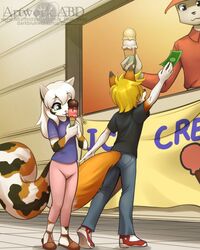  4:5 abluedeer anthro black_nose blonde_hair calico_cat canid canine clothed clothing dessert domestic_cat eating felid feline felis female food fox fully_clothed fur group hair hi_res ice_cream kit_hawking licking lolicon male mammal money mottled orange_body orange_fur piebald pink_nose selene_blackcat tongue tongue_out white_hair young 