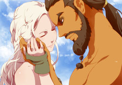  1boy a_song_of_ice_and_fire blonde_hair brown_eyes brown_hair cloud daenerys_targaryen female game_of_thrones kazehi_tsubame khal_drogo long_hair ponytail sky smile tied_hair 