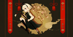  bad_id bad_pixiv_id black_bow black_bowtie black_footwear black_hairband black_ribbon black_socks blue_eyes blush bow bow_hairband bowtie cherry_blossom_print commentary_request crest expressionless family_crest female fighting_stance floral_background floral_print flower flower_knot green_skirt green_vest hair_ribbon hairband holding holding_sheath holding_sword holding_weapon katana knee_up kneehighs konpaku_youmu konpaku_youmu_(ghost) legs_up long_sleeves looking_at_viewer looking_to_the_side petals photoshop_(medium) pink_flower ready_to_draw ribbon rope scabbard sheath shirt shoes short_hair skirt socks solo sword tassel touhou unsheathing vest weapon white_hair white_shirt yotsuwari-bishi yujup 