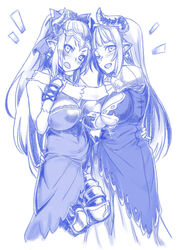  2girls alicia_(granblue_fantasy) aliza_(granblue_fantasy) blue_theme breasts cleavage commentary_request draph dress earrings gloves granblue_fantasy headpiece horns jewelry large_breasts long_hair moku_(racie45bv) monochrome mother_and_daughter multiple_girls open_mouth pointy_ears simple_background underboob white_background 