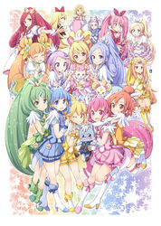  1boy 6+girls ai-chan_(dokidoki!_precure) aida_mana aoki_reika bike_shorts blonde_hair blue_choker blue_hair blue_skirt blunt_bangs boots bow brooch candy_(smile_precure!) choker commentary_request creature cure_ace cure_beat cure_beauty cure_diamond cure_happy cure_heart cure_march cure_melody cure_muse_(yellow) cure_peace cure_rhythm cure_rosetta cure_sunny cure_sword dodory dokidoki!_precure dress everyone full_body gem green_choker green_hair green_shorts green_skirt hair_bun hair_flaps hair_ornament hair_ribbon heart heart_brooch heart_hair_bun high_ponytail hino_akane_(smile_precure!) hishikawa_rikka hoshizora_miyuki houjou_hibiki hummy_(suite_precure) in-franchise_crossover jewelry joe_okada kenzaki_makoto knee_boots kneehighs kurokawa_eren looking_at_viewer madoka_aguri magical_girl midorikawa_nao minamino_kanade multiple_girls orange_hair pink_arm_warmers pink_bow pink_choker pink_hair pink_skirt pink_sleeves pink_wrist_cuffs pleated_skirt precure purple_arm_warmers purple_choker regina_(dokidoki!_precure) ribbon seiren_(suite_precure) shirabe_ako shorts shorts_under_skirt simple_background skirt smile_precure socks star_(symbol) starry_background suite_precure tareme tokunou_shoutarou white_choker wolfrun wrist_cuffs yayoi_kise yellow_bow yellow_choker yellow_shorts yellow_skirt yotsuba_alice 