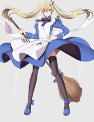  &gt;:( apron axis_powers_hetalia black_ribbon black_thighhighs blonde_hair blue_dress broom commentary_request dress female frown full_body genderswap_(mtf) glasses green_eyes hair_ornament hairclip hand_on_own_hip hat highres holding long_hair long_sleeves mini_hat nurse_cap puffy_long_sleeves puffy_sleeves red-framed_eyewear ribbon rule_63 sena_(mineruba) solo thighhighs twintails united_kingdom_(hetalia) v-shaped_eyebrows very_long_hair wind wind_lift x_hair_ornament 