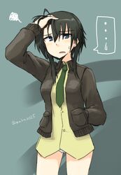  ... black_hair blue_eyes commentary_request dominica_s._gentile dress_shirt female hand_in_own_hair hand_in_pocket hand_on_own_head highres long_hair makaze_(t-junction) necktie open_mouth panties shirt solo spoken_sweatdrop squiggle strike_witches:_kurenai_no_majo-tachi sweatdrop twitter_username underwear white_panties world_witches_series 