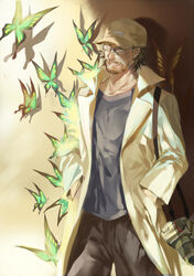  1boy baseball_cap beard brown_hair bug butterfly camera commentary facial_hair glasses gray-witch_hai_miko hat kondraki lab_coat male_focus moustache parted_lips popped_collar scp-408 scp_foundation smile 