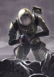  1other alien ambiguous_gender ario blood blurry commando_(risk_of_rain) commentary_request corpse crack depth_of_field jewelry lemurian_(risk_of_rain) necklace on_one_knee organs photoshop_(medium) rain risk_of_rain risk_of_rain_(series) solo spacesuit stuffed_animal stuffed_toy teddy_bear tooth_necklace 