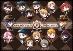  2girls 6+boys argyle_background battle_tendency black_hair blonde_hair blue_eyes blue_hair book bow bowtie braid bruno_bucciarati bubble caesar_anthonio_zeppeli cape chibi cleavage_cutout clothing_cutout commentary_request diamond_wa_kudakenai dio_brando double_bun facial_hair giorno_giovanna glasses gloves goggles goggles_on_headwear green_eyes grey_hair gun gyro_zeppeli hair_bobbles hair_bun hair_ornament hat headband higashikata_josuke higashikata_josuke_(jojolion) highres hirose_yasuho hood jacket johnny_joestar jojo_no_kimyou_na_bouken jojolion jonathan_joestar joseph_joestar joseph_joestar_(young) kakyoin_noriaki kira_yoshikage kishibe_rohan knife kujo_jolyne kujo_jotaro monocle multicolored_hair multiple_boys multiple_girls pen petals phantom_blood pink_hair pompadour purple_eyes purple_hair red_eyes red_hair rope sailor_hat scarf scarf_over_mouth smoking_pipe stardust_crusaders steel_ball_run stone_ocean top_hat trudy0816 two-tone_hair vento_aureo weapon winged_hair_ornament 