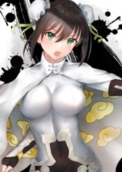  :o black_background black_gloves black_hair blush bodysuit breasts bun_cover cape cleavage cloud_print commentary_request covered_navel double_bun elbow_gloves fate/grand_order fate_(series) female fingerless_gloves frills gauntlets gloves green_eyes green_ribbons groin hair_between_eyes hair_bun hair_ribbon head_tilt highres large_breasts open_mouth paint_splatter qin_liangyu_(fate) reuri_(tjux4555) ribbon short_hair sidelocks solo teeth two-tone_background upper_body upper_teeth_only v-shaped_eyebrows white_background white_cape 