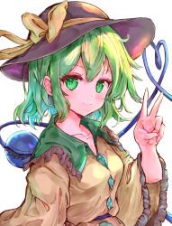  absurdres black_hat bow breasts buttons closed_mouth collared_shirt diamond_button female frilled_shirt_collar frills green_eyes green_hair hat hat_bow heart heart_of_string highres ikazuchi_akira komeiji_koishi long_sleeves looking_at_viewer medium_hair shirt simple_background smile solo third_eye touhou upper_body v white_background wide_sleeves yellow_bow yellow_shirt 