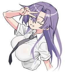  breasts collared_shirt female goshiki_agiri kill_me_baby large_breasts long_hair looking_at_viewer matuo3232 necktie one_eye_closed purple_eyes purple_hair shirt simple_background smile solo upper_body v white_background 