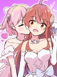  2girls absurdres ahoge bow breasts brown_eyes brown_hair chiyoda_momo cleavage closed_eyes demon_girl demon_horns dress hairbow heart highres horns jewelry karabina kissing kissing_cheek long_hair machikado_mazoku medium_breasts medium_hair multiple_girls necklace oerba_yun_fang open_mouth purple_background simple_background upper_body white_dress yoshida_yuuko_(machikado_mazoku) yuri 