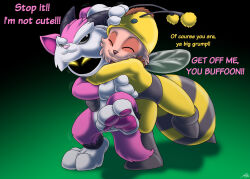  2022 angry animal_costume anthro bee_costume biped black_background black_clothing catmonkshiro closed_eyes clothed clothing costume dialogue digital_media_(artwork) duo english_text frustrated furyhorn_cosplay_veigar gradient_background green_background hi_res hug league_of_legends male mammal one_leg_up pink_clothing pink_text raised_leg riot_games simple_background smile teasing teemo_(lol) tencent text toony veigar wings yellow_clothing yellow_text yordle 