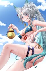  alternate_costume animal_ear_fluff animal_ears aqua_eyes aqua_hair aqua_panties armpits bikini blue_bikini blue_sky blush breasts cleavage cloud commentary cup day english_commentary feet_out_of_frame feixiao_(honkai:_star_rail) female fingernails forehead_jewel fox_ears fox_girl grey_hair grin highres holding holding_cup hollow_mimikyu honkai:_star_rail honkai_(series) invisible_chair large_breasts long_hair looking_at_viewer multicolored_hair navel outdoors panties parted_bangs sideboob signature sitting sky smile solo stomach swimsuit thigh_strap thighs underboob underwear very_long_hair wet 