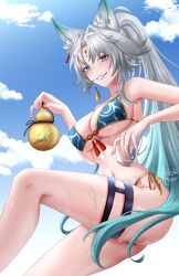  alternate_costume animal_ear_fluff animal_ears aqua_eyes aqua_hair aqua_panties armpits bikini blue_bikini blue_sky blush breasts cleavage cloud commentary commentary_typo cup day english_commentary feet_out_of_frame feixiao_(honkai:_star_rail) female fingernails forehead_jewel fox_ears fox_girl grey_hair grin highres holding holding_cup hollow_mimikyu honkai:_star_rail honkai_(series) invisible_chair large_breasts long_hair looking_at_viewer multicolored_hair navel outdoors panties parted_bangs sideboob signature sitting sky smile solo stomach swimsuit thigh_strap thighs underboob underwear very_long_hair wet 