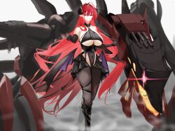  absurdres ahoge azur_lane bare_shoulders black_footwear black_gloves black_hairband black_horns black_pantyhose black_skirt boots breasts center_frills chunchilin clothing_cutout covered_navel cross-laced_clothes cross-laced_top curled_horns demon_girl demon_horns demon_tail demon_wings elbow_gloves feet_out_of_frame female frills gloves hairband heart_cutout highres hindenburg_(azur_lane) horns huge_breasts knee_boots layered_skirt long_hair miniskirt mixed-language_commentary non-humanoid_robot o-ring o-ring_thigh_strap pantyhose pointy_ears purple_eyes red_hair robot robot_animal skirt solo standing tail thigh_strap underboob underboob_cutout very_long_hair wings 