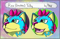  2024 blue_body blue_fur fur generation_1_pokemon green_eyes growlithe hi_res male markings mohawk nintendo open_mouth pink_markings pokemon pokemon_(species) rdy rexstrider talky_icon yellow_body yellow_fur zgf_art 