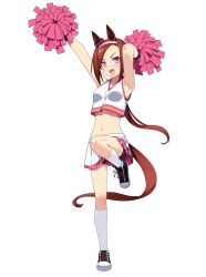  absurdres alternate_costume animal_ears armpits artpatient breasts cheerleader commentary_request ear_ornament female flower-shaped_pupils hairband highres holding holding_pom_poms horse_ears horse_girl horse_tail kneehighs leg_up midriff navel pink_eyes pink_hairband pom_pom_(cheerleading) ponytail sakura_bakushin_o_(umamusume) shoes simple_background small_breasts smile sneakers socks solo standing standing_on_one_leg symbol-shaped_pupils tail umamusume v-shaped_eyebrows white_background white_socks 