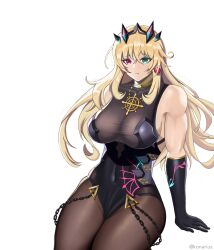  :t ball_earrings bare_shoulders barghest_(fate) barghest_(second_ascension)_(fate) biceps black_dress black_gloves blonde_hair blue_horns breasts brown_pantyhose chains cleavage closed_mouth covered_navel dress earrings elbow_gloves english_commentary fate/grand_order fate_(series) female gloves gold_necklace green_eyes hair_between_eyes hand_rest heterochromia highres horns jewelry konarius88 large_breasts long_hair looking_afar multicolored_horns necklace pantyhose pelvic_curtain pout red_eyes red_horns see-through_cleavage see-through_clothes sideboob sidelocks simple_background sitting skin_tight solo twitter_username two-tone_horns white_background 