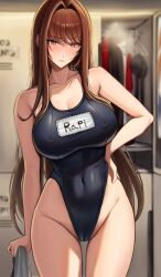  absurdres alternate_costume bare_arms black_one-piece_swimsuit blurry blurry_background blush bodam breasts brown_hair character_name cleavage closed_mouth collarbone commentary cowboy_shot female goddess_of_victory:_nikke hair_intakes hand_on_own_hip highleg highleg_one-piece_swimsuit highres large_breasts long_hair looking_at_viewer one-piece_swimsuit rapi_(nikke) red_eyes solo swimsuit thighs 