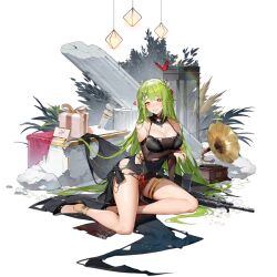  anklet arm_under_breasts bare_legs bare_shoulders black_bridal_gauntlets black_dress black_footwear box breasts bridal_gauntlets bug butterfly cake cleavage detached_collar dress evening_gown faux_figurine female food full_body gift gift_box girls&#039;_frontline green_hair grin gun hair_ornament hanging_light high_heels highres impossible_clothes impossible_dress jewelry large_breasts long_hair looking_at_viewer machine_gun mk48 mk48_(catcher_in_the_banquet)_(girls&#039;_frontline) mk48_(girls&#039;_frontline) official_alternate_costume official_art pelvic_curtain phonograph pillar plant red_butterfly red_eyes simple_background sitting sleeveless sleeveless_dress smile spaghetti_strap table teeth thighlet third-party_source torn_bridal_gautlets torn_clothes torn_dress transparent_background weapon yokozuwari yoyo_(550098) 