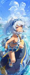  absurdres bare_shoulders bikini blue_bikini blue_hair blue_hairband blue_nails blue_sky braid breasts clenched_teeth cloud cloudy_sky commentary crop_top dark_skin female fingerless_gloves fish-shaped_pillow genshin_impact gloves gradient_eyes hairband highres light_blue_hair long_hair looking_at_viewer medium_breasts mualani_(genshin_impact) multicolored_eyes nail_polish ocean orange_eyes outdoors ritae shark sky smile solo surfing swimsuit tan teeth toenail_polish toenails toes twin_braids v-shaped_eyebrows very_long_hair water 