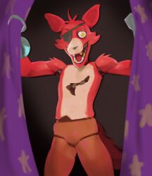  2024 animatronic anthro brown_body brown_tail canid canine curtains eye_patch eyebrows eyewear featureless_crotch five_nights_at_freddy&#039;s fox foxy_(fnaf) gold_(metal) gold_tooth grey_body grey_nose hi_res hook hook_hand kogito machine male male_anthro mammal multicolored_body nude nude_anthro nude_male open_mouth red_body red_ears red_eyebrows red_tongue robot scottgames sharp_teeth solo spread_arms standing tail tan_body teeth tongue yellow_eyes 