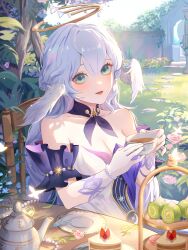  absurdres aqua_eyes bare_shoulders blue_hair bracelet breasts cake cake_slice chair cleavage collarbone commentary cup day dress english_commentary female flower food foot_out_of_frame fork from_side hair_between_eyes halo head_wings highres holding holding_cup honkai:_star_rail honkai_(series) jewelry light_blue_hair light_blush lizhi35 long_hair looking_at_viewer medium_breasts parted_lips pearl_bracelet pink_flower robin_(honkai:_star_rail) sitting solo strapless strapless_dress tea teacup teapot tiered_tray very_long_hair white_dress white_wings wings 