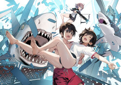  1boy 2girls black_hair black_shorts blush brown_hair carrying closed_eyes crossbow diving_suit fish gym_shirt holding holding_weapon long_sleeves male_swimwear multiple_girls nyoro_(nyoronyoro000) open_mouth original princess_carry red_male_swimwear shark sharp_teeth shirt short_hair shorts soles swimsuit teeth weapon 