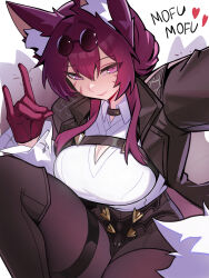  animal_ear_fluff animal_ears black_jacket black_shorts breasts cleavage cleavage_cutout clothing_cutout collared_shirt commentary distr english_commentary english_text eyewear_on_head fox_ears fox_girl fox_shadow_puppet gloves hair_between_eyes heart high-waist_shorts highres honkai:_star_rail honkai_(series) jacket jacket_on_shoulders kafka_(honkai:_star_rail) kemonomimi_mode large_breasts long_hair looking_at_viewer paid_reward_available pantyhose pantyhose_under_shorts parted_lips pince-nez purple_eyes purple_gloves purple_hair purple_pantyhose round_eyewear shirt shorts sidelocks smile sunglasses thigh_strap white_shirt 