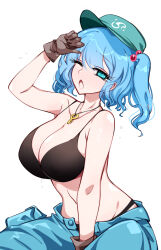  :o black_bra black_panties blue_eyes blue_hair blue_skirt bra breasts brown_gloves cleavage collarbone commentary female flat_cap gloves green_hat hat highres jewelry kawashiro_nitori key key_necklace large_breasts looking_at_viewer navel necklace one_eye_closed open_mouth panties raptor7 simple_background skirt solo stomach touhou two_side_up unbuttoned underwear white_background 