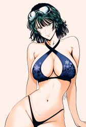  absurdres bikini black_bikini_bottom blue_bikini breasts criss-cross_halter eyewear_on_head female fubuki_(one-punch_man) green_eyes green_hair halterneck highleg highleg_bikini highres large_breasts mostlybluewyatt navel one-punch_man snowflake_print solo sunglasses swimsuit 