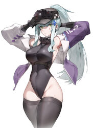  absurdres arm_behind_head armpits baseball_cap black_leotard black_thighhighs blue_hair breasts closed_mouth coteri covered_navel cowboy_shot dot_mouth english_commentary female girls&#039;_frontline girls&#039;_frontline_2:_exilium green_eyes hat highres hk416_(girls&#039;_frontline) jacket leotard long_hair multicolored_clothes multicolored_jacket open_clothes open_jacket ponytail purple_jacket sideboob sidelocks simple_background sleeveless_leotard solo tattoo teardrop_facial_mark teardrop_tattoo thighhighs two-tone_jacket white_background white_jacket 